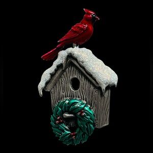 Vintage 1980s Signed JJ Pewter Birdhouse Brooch With Cardinal And Wreath